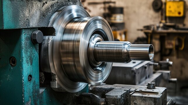 mandrel. A conical metal lathe mandrel rotating with an unfinished tube sleeve fitted over it. safety posters, maintenance manuals, designed for precision metalworking and fabrication facilities.