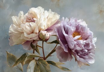 Two large, lush peonies, one cream and one lavender, against a soft, painterly blue-grey background
