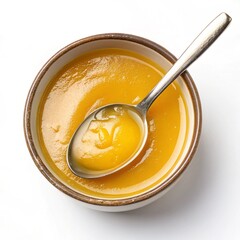Pure Ghee Served in Bowl with Spoon, Close-Up,Traditional Indian Ghee in Bowl with Spoon, Top Angle.
