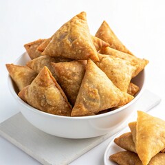 Crispy Chana Samosas Stacked Together, Top Angle, Golden Brown Chana Samosas Served Hot, Overhead View.