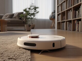 A white robot vacuum transitions from carpet to wood floor in a sunlit living space with a large bookcase