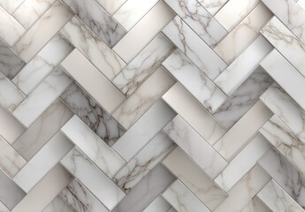 Herringbone pattern of alternating beige marble and solid cream rectangular tiles, sleek, even arrangement