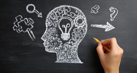 Chalkboard drawing of a human head with ideas and concepts.