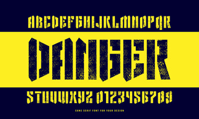 Stencil plate sans serif font in military style. Letters and numbers with rough texture for logo and emblem design. Color print on black background