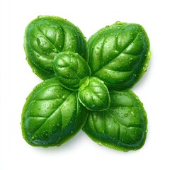 Bright green basil leaves clustered together, glistening with droplets on a white background