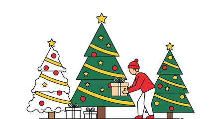 Person decorates a Christmas tree with a gift in a festive scene.