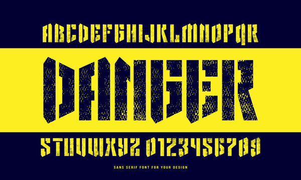 Stencil plate sans serif font in military style. Letters and numbers with rough texture for logo and emblem design. Color print on black background
