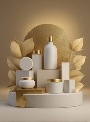 Cream, gold, & white beauty products arranged on various podiums and leafy props against a softly lit golden backdrop