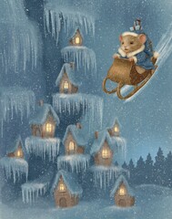 Illustration of Winter holidays in a fairytale village with cute animals, greeting card, wall decoration for a child's room