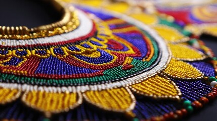 zulu. Close-up of a traditional Zulu beaded necklace, intricate colorful patterns, soft studio lighting. event programs, museum guides, designed for cultural heritage projects and event programs.