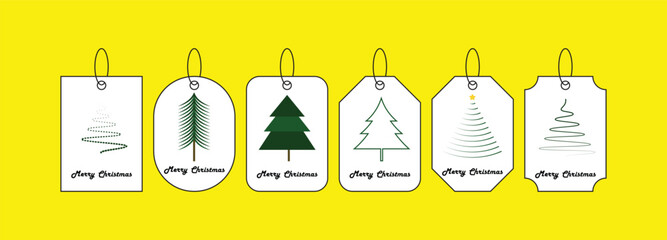 Christmas Gift Tags with Tree Icons Vector Set. Minimal Christmas gift tag vector set featuring hanging labels with stylized pine tree icons.