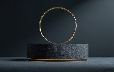 Gold ring levitates above a stone podium with glowing rim on a dark background, creating an elegant, minimalist scene