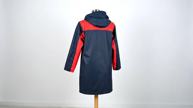A side-view studio shot of a long, navy blue jacket with red accents and a hood on a mannequin