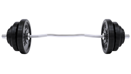 Weightlifting barbell with black weights on white background isolated on transparent background