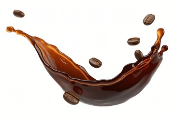 A dynamic splash of dark brown liquid coffee arcs through the air against a white background. 