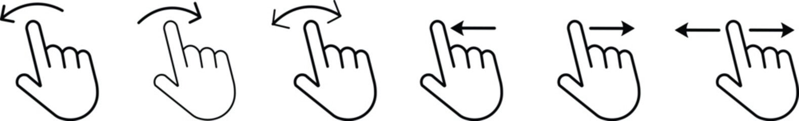 Obraz premium Hand finger gesture icon set. Swipe icon set. slide up down left right finger signs, swipe symbol. Collection of touch touch symbols. The gesture of swiping an icon on transparent background 