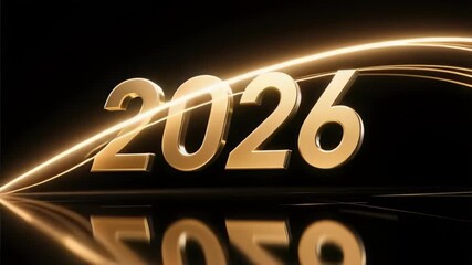 Golden 2026 text with sleek reflection on black background
