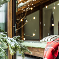 Peaceful winter scene from a warm home gentle snow and fairy lights