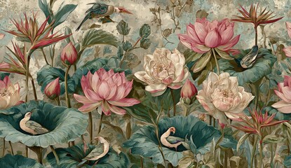 Beautiful flowers and birds in an artistic watercolor painting