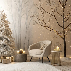 Cozy winter living room elegant holiday decor with warm golden lights
