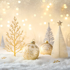 Magical golden Christmas display ornate baubles winter trees soft
