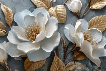 Elegant white flowers with golden leaves on a textured background.