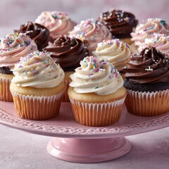 An assortment of frosted cupcakes, various colors, arranged on a pink pedestal plate against a pink textured backdrop