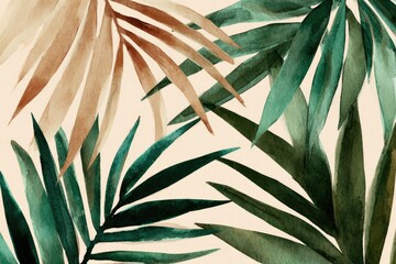 Watercolor painting of green and tan palm leaves.