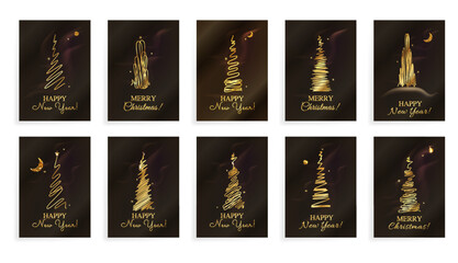 Golden  Scribble Christmas Tree Card Vector Template Set