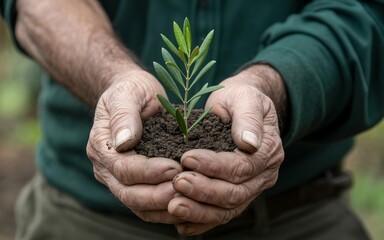  A pair of weathered, elderly hands gently cups a mound of dark soil with a small green sapling growing from it.
