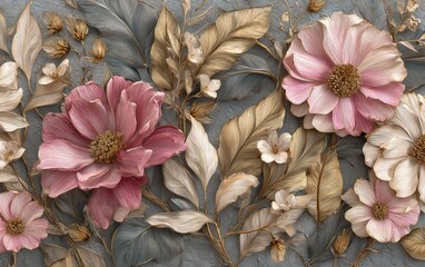 Elegant flowers and leaves design in pink and gold tones.