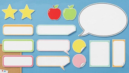 Collection of blank stickers and speech bubbles with stars and apples on blue background design elements