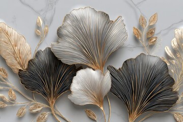 Abstract floral design with gold and silver leaves on marble background.