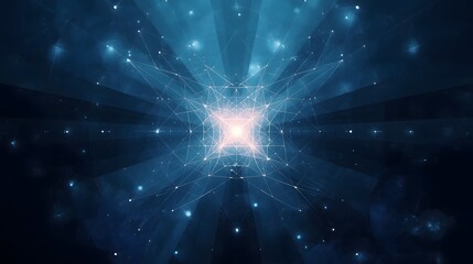 Obraz premium futuristic geometric abstract background with glowing light starburst effect and connected lines futuristic science technology data concept bright blue and white light particles in dark
