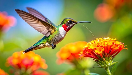 Naklejka premium Hummingbird in flight feeding from a vibrant orange and yellow flower against a soft, blurred, green background