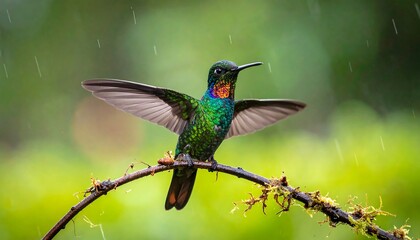 Naklejka premium Hummingbird perched on a branch with wings extended, set against a backdrop of blurred greenery under soft rain