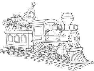 A detailed black and white illustration of a vintage steam train carrying a Christmas tree and presents on its flatbed car. © Purnomo