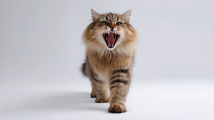 Aggressive long-haired cat walking forward with mouth open on a white background.
