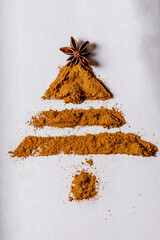 Minimal Christmas tree made from ground spices and star anise on white background. Creative holiday food art concept.