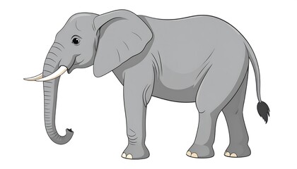 Fototapeta premium Gray cartoon elephant stands sideways, its trunk is down and white tusks, with a small tail