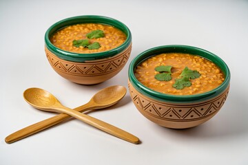 : Two rustic bowls filled with creamy orange lentil soup are garnished with fresh cilantro leaves. 