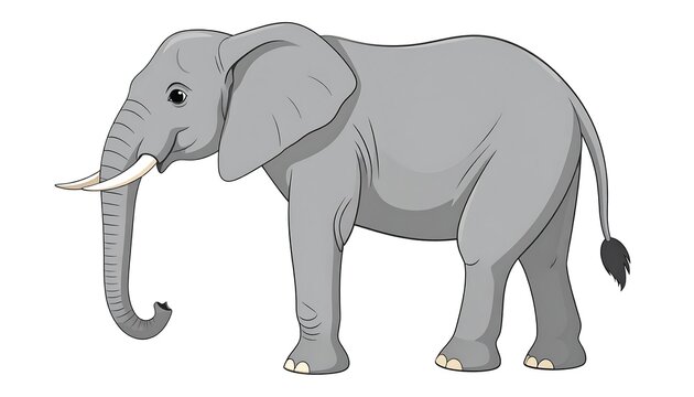 Gray cartoon elephant stands sideways, its trunk is down and white tusks, with a small tail