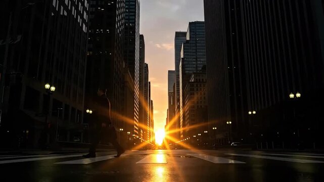 Walking Across a City Street at Sunset
