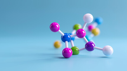 Colorful molecular structure model floating against a blue background in a science concept.
