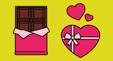 A chocolate bar and a heart-shaped box of chocolates sit on a yellow background.