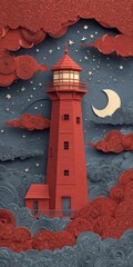 Stylized lighthouse scene with stars, moon, and clouds