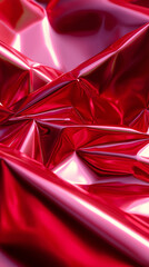 Shiny red satin fabric folded into dramatic waves creating a luxurious texture.

