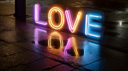 Bright love sign shines on wet street during Valentine's Day evening celebration