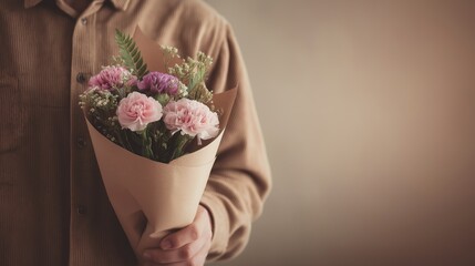 Man holding a bouquet of flowers to celebrate Valentine's Day at home