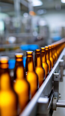 Fototapeta premium Amber glass bottles moving along an automated production line inside a factory. 